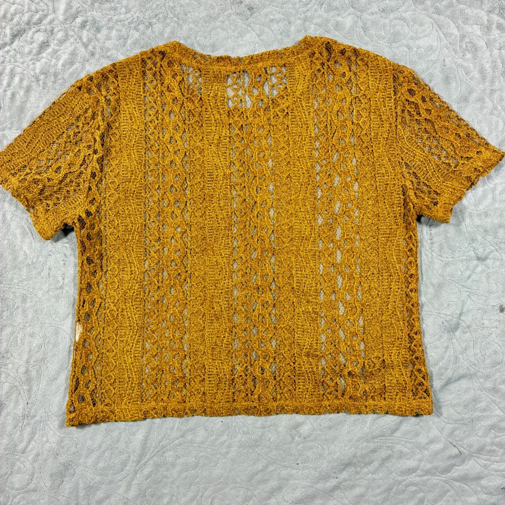 Zara Mesh Crochet Lace Short Sleeve Top Size M Gold Festival Layering Glam - Picture 2 of 8